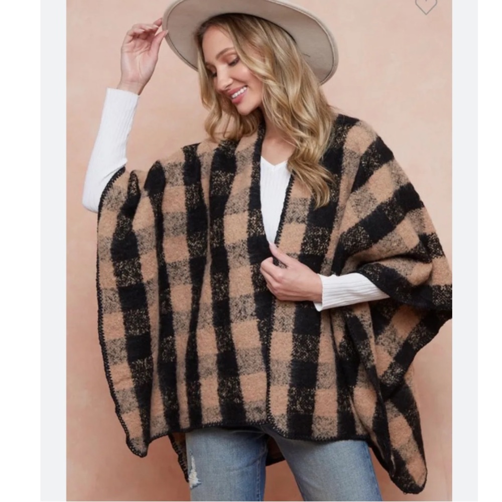 Checkered shawl wrap acrylic tan/black women’s One Size